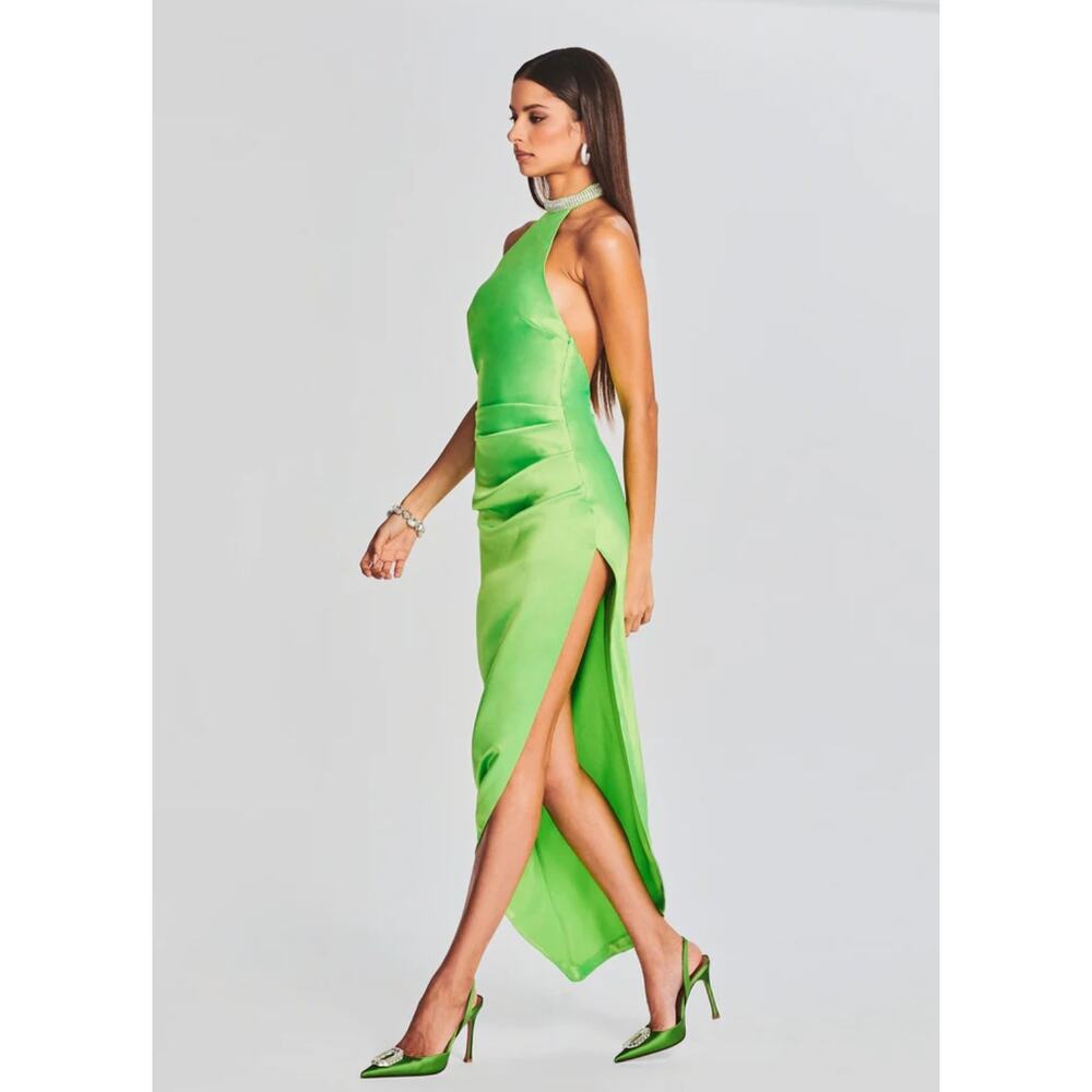 Retrofête Maria Halter Gown Lime Punch Neon Green Rhinestone Neck Maxi NWT - Picture 2 of 16